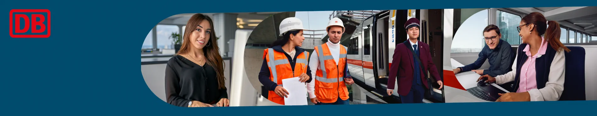 Grafik mit DB-Logo und Bildern von Mitarbeitenden in Arbeitskleidung.