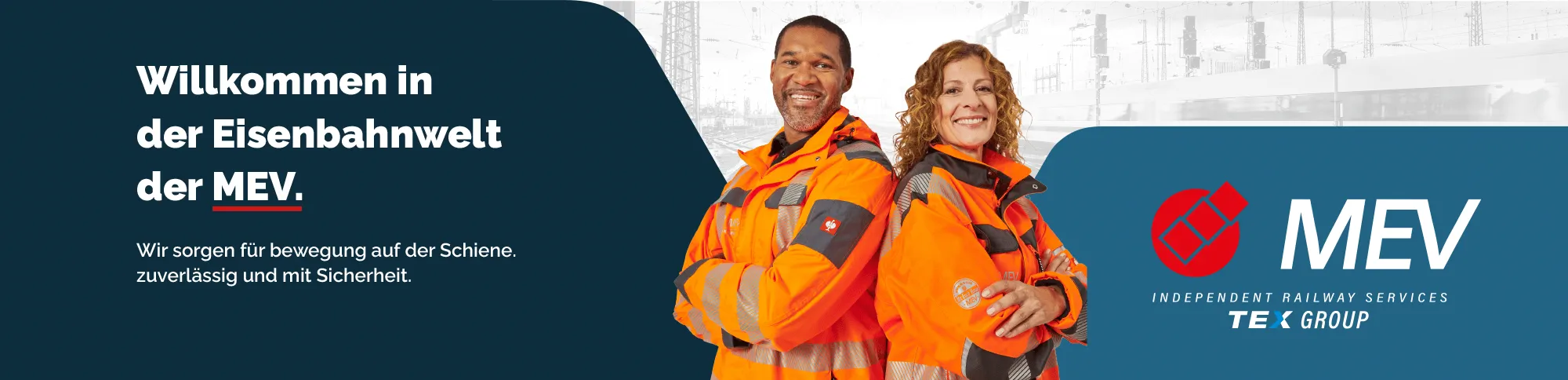 Banner mit Mitarbeitern von MEV in Warnkleidung und einem Willkommensgruß.