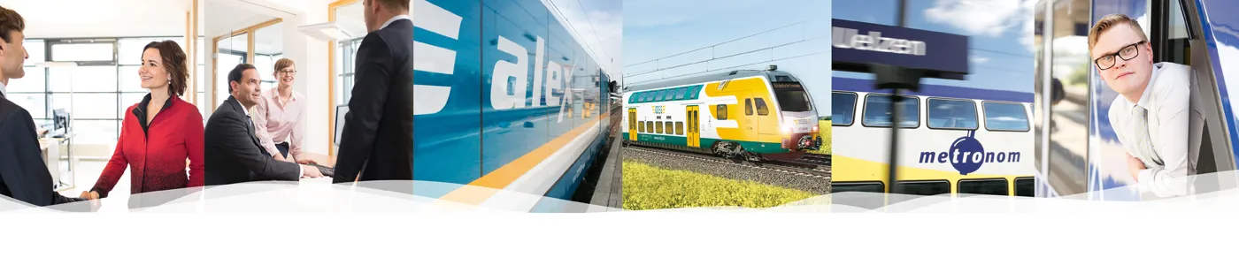 Bildleiste mit verschiedenen Szenen aus dem Bahnbetrieb und NETINERA-Logo.