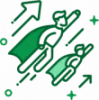 Grünes Icon mit Symbol eines Superhelden das Dynamik und Fortschritt symbolisiert.