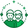 Grünes Icon: Zwei Personen mit Kreisen symbolisiert Netzwerkbildung oder Zusammenarbeit.