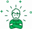 Grünes Icon: Person mit strahlender Aura symbolisiert Vertrauen oder Kompetenz.